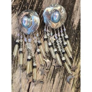 Vintage Tabra Sterling Silver Grey Pearl Celestial Statement Dangle Earrings 4"